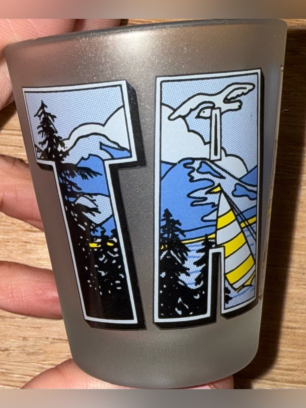 Frosted Lake Tahoe Shot Glass - Blue, Yellow, Black
